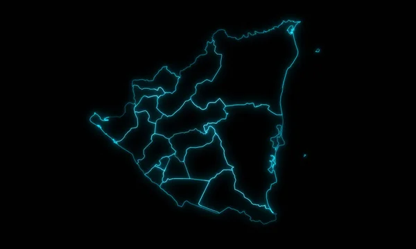Abstract Map Outline Nicaragua Departments Regions Glowing Outline Black Background — Foto de Stock