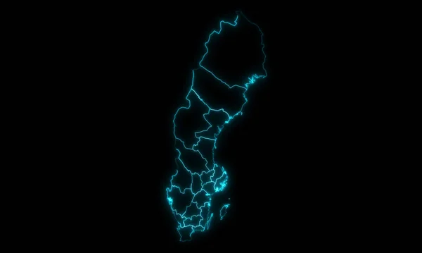 Abstract Map Outline Sweden Counties Glowing Outline Black Background — Stock fotografie