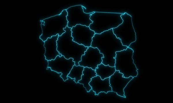 Abstraktní Mapa Obrysu Polska Provinciemi Zářící Obrys Černém Pozadí — Stock fotografie