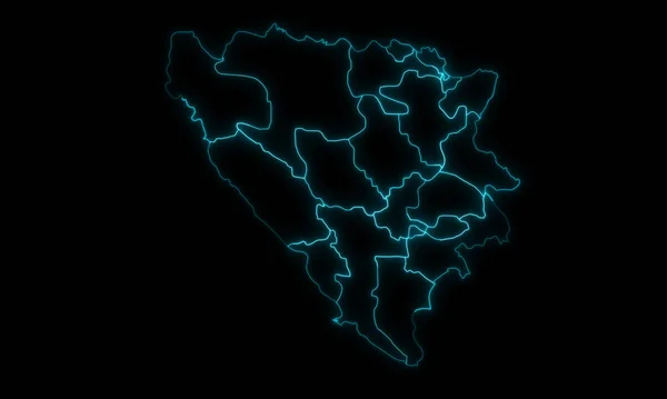 Абстрактна Мапа Обрисів Боснії Герцеговини Кантонами Сяють Чорним Фоном — стокове фото