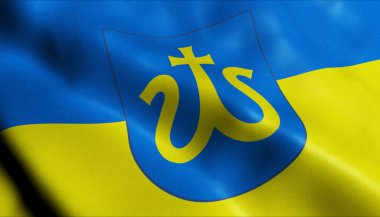 Halych 'in dalgalanan Ukrayna şehir bayrağının 3D görüntüsü