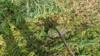 Çim biçme makinesiyle yeşil çim biçme. Çim biçme makinesiyle yeşil çim biçme makinesi..