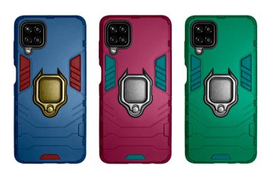 Beyaz arka planda akıllı telefon için şok geçirmez tampon çantası. Şok geçirmez bir çantanın içinde telefon..