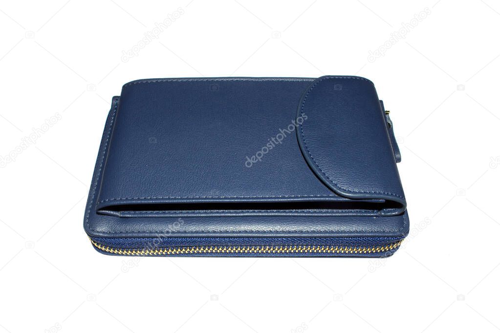 Blue leather women's wallet for money and smartphone.Leather women's purse-purse on a white background.