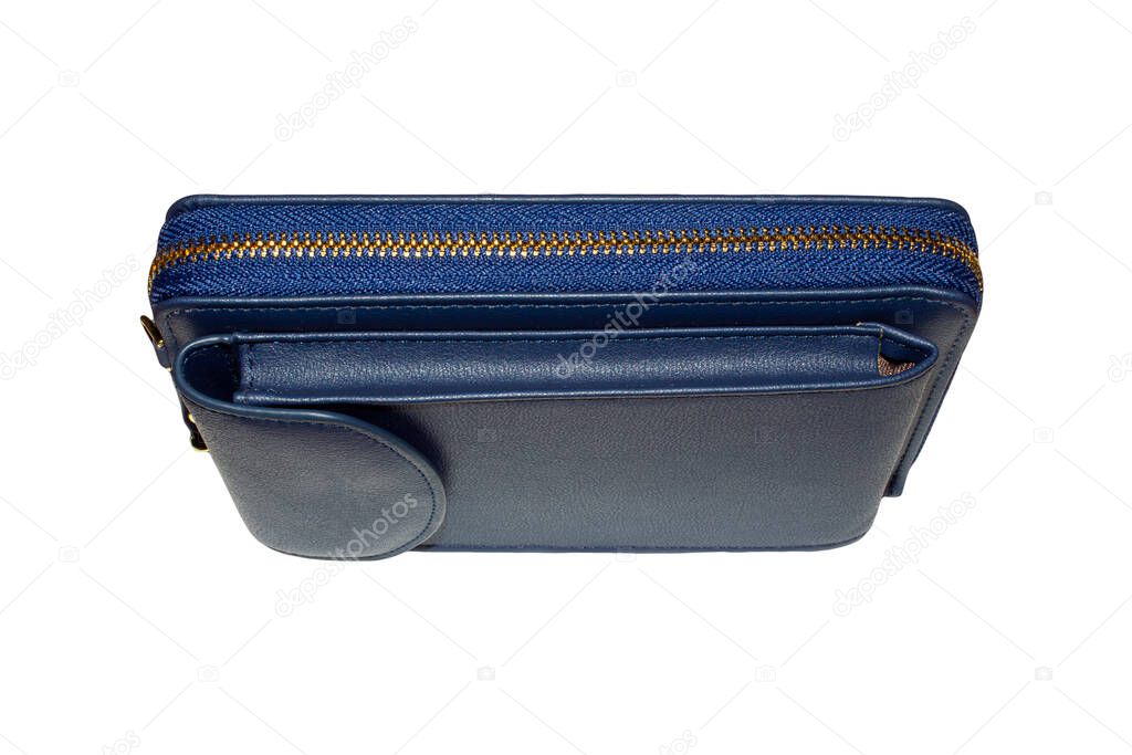 Blue leather women's wallet for money and smartphone.Leather women's purse-purse on a white background.