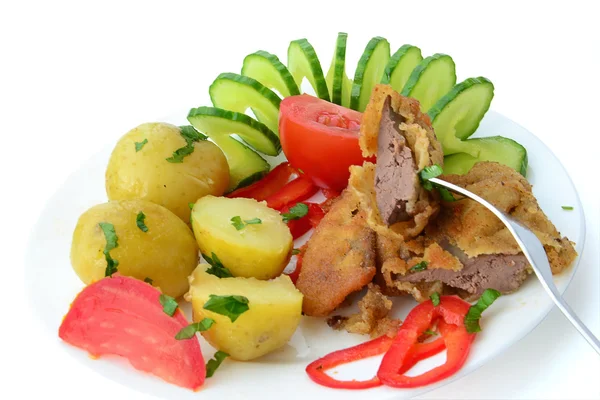 Kruimel-gecoate kip lever met aardappelen — Stockfoto
