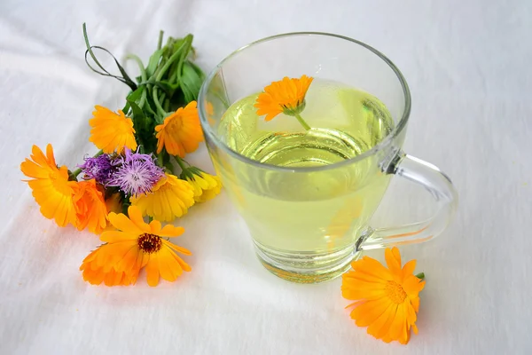 Marigold tea and flowers — Stock Photo, Image