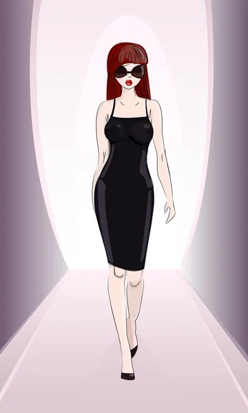 Model im schwarzen Kleid auf dem Podium — Stockvektor