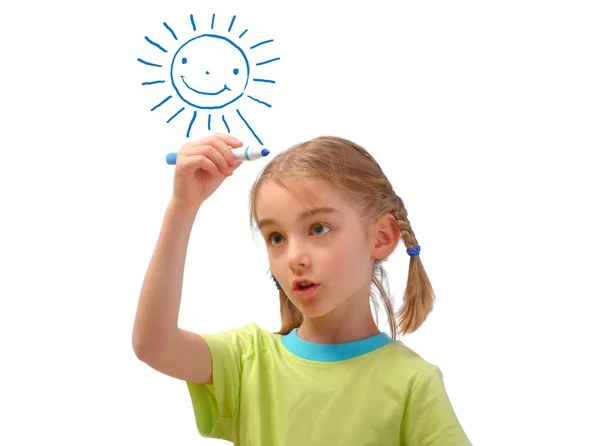 Little girl painting sun isolated on white — Stock Photo, Image