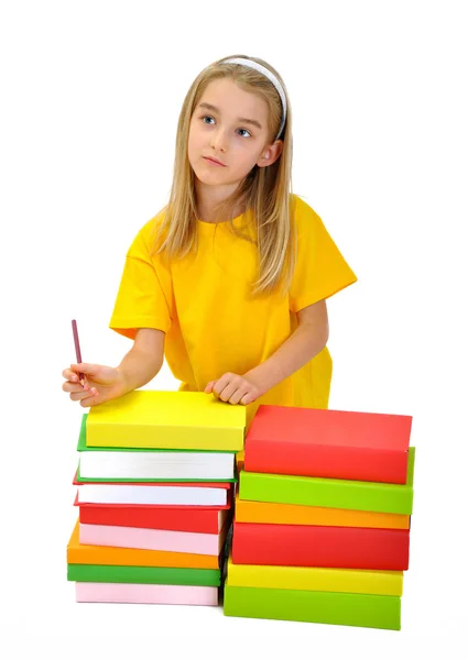 Menina com livros isolados sobre fundo branco — Fotografia de Stock