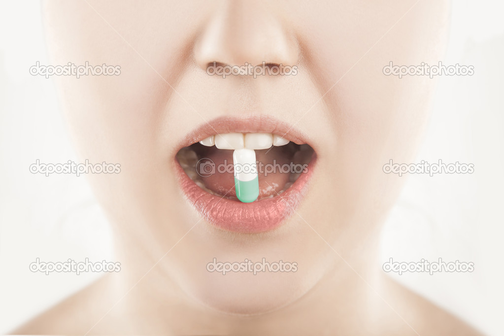 Beauty woman mouth with medicine pill - (SERIES)