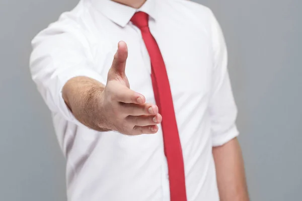closeup human hand in white shirt and tie standing and giving hand to greeting or handshake or support or help. indoor isolated on gray background.