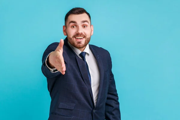 Retrato Hombre Guapo Positivo Amigable Con Barba Que Lleva Traje —  Fotos de Stock