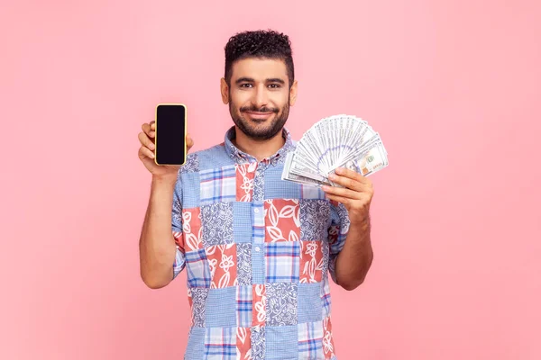 Mobile Banking Online Payment Portrait Bearded Man Blue Casual Style — Stock Photo, Image