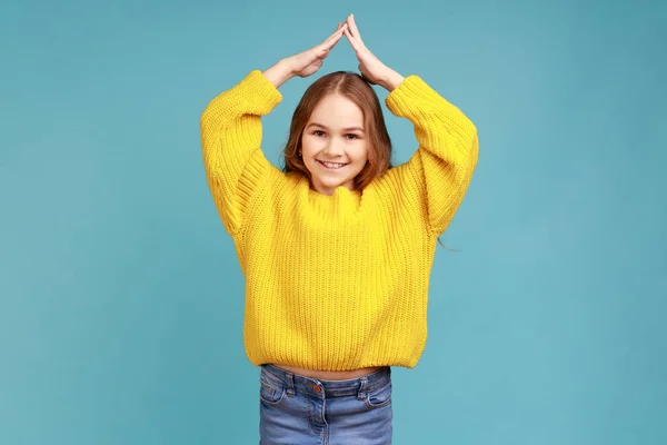 Little Girl Doing House Roof Gesture Hands Head Laughing Child — Stock Photo, Image