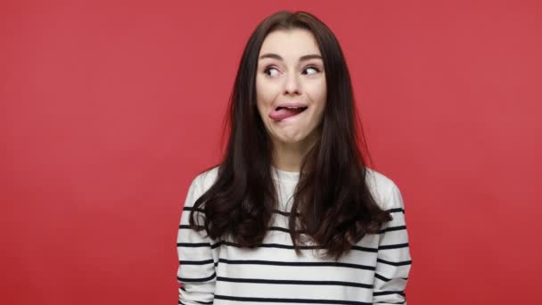 Portrait Beautiful Funny Woman Showing Tongue Playfully Looking Camera Being — Stock Video
