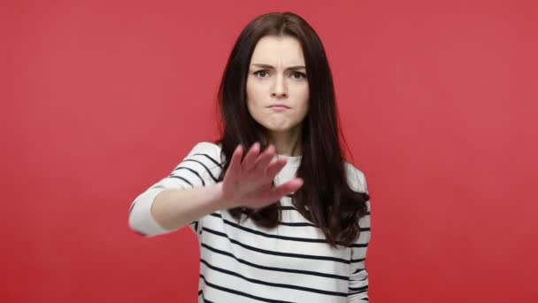 Young Woman Making Stop Gesture Her Palm Outward Saying Expressing — Stock Video