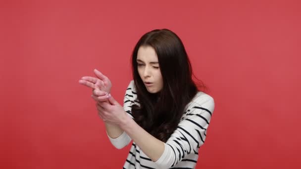 Portrait Woman Points Finger Gun Threatening Kill Shoots Weapon Gesture — Stock Video