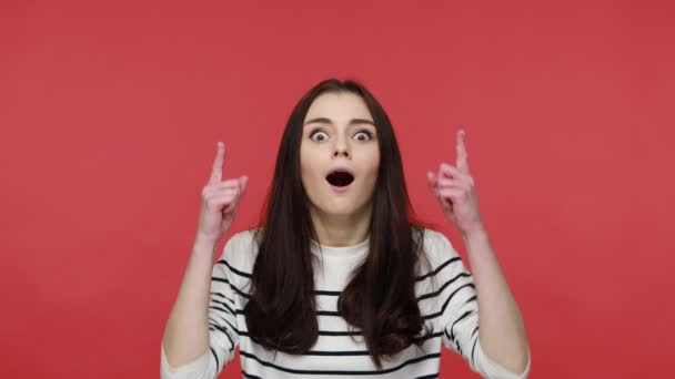 Portrait Woman Pointing Empty Place Advertisement Content Expressing Surprise Wearing — Stock Video