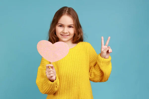 Portrait Little Girl Holding Paper Pink Heart Stick Smiling Camera — Stock Photo, Image