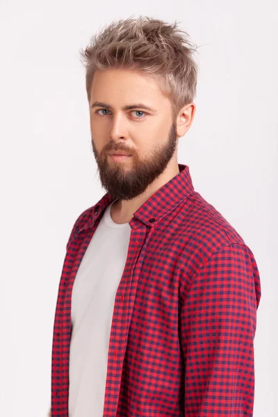 Portrait Young Self Assured Bearded Man Plaid Shirt Confidently Looking — Stock Photo, Image