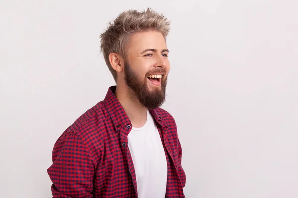 Portrait Joyful Caucasian Young Man Beard Checkered Shirt Laughing Good — Stock Photo, Image