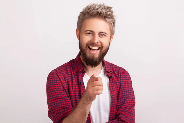 Portrait Glad Bearded Male Red Shirt Sincerely Smiling Camera Gesturing — Stock Photo, Image