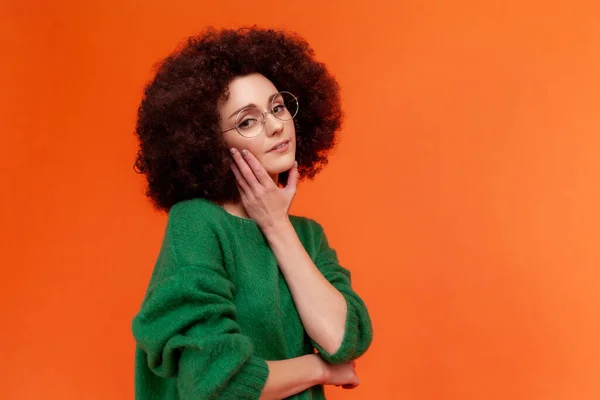 Perfil Retrato Mujer Hermosa Con Peinado Afro Suéter Estilo Casual — Foto de Stock