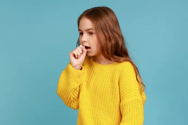 Portrait Unhealthy Sick Little Girl Having Flu Symptoms Coughing Keeping — Stock Photo, Image