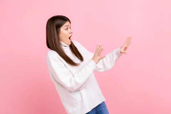 Side View Portrait Scared Female Raised Arms Sees Something Awful — Stock Photo, Image