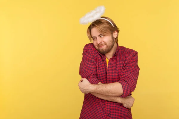 Porträtt Hipster Skäggig Kille Rutig Skjorta Och Med Nimbus Overhead — Stockfoto