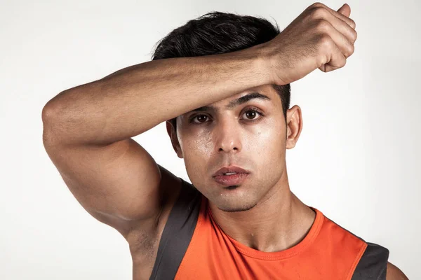 Portrait Exhausted Athletic Young Man Standing Hand Forehead Looking Camera — Stock Photo, Image