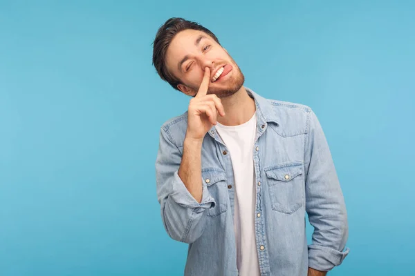 Portrait Funny Man Wearing Denim Shirt Putting Finger His Nose — Stock Photo, Image