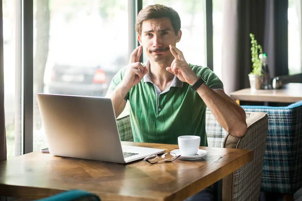 Portrait Man Employee Wearing Green Shirt Crossing Fingers Wishing Good — Stock Photo, Image