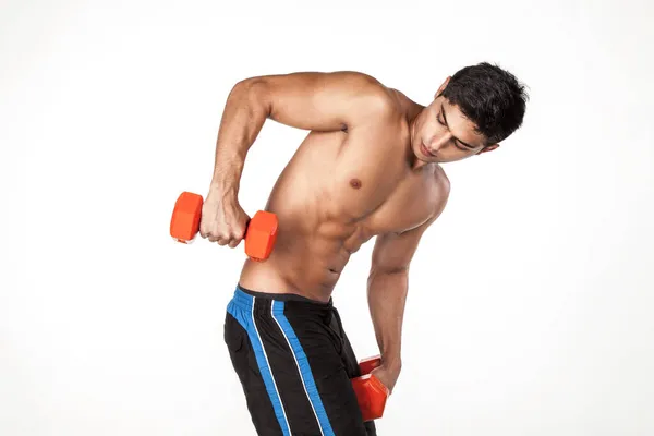 Side View Portrait Strong Handsome Shirtless Sportsman Training His Triceps — Stock Photo, Image