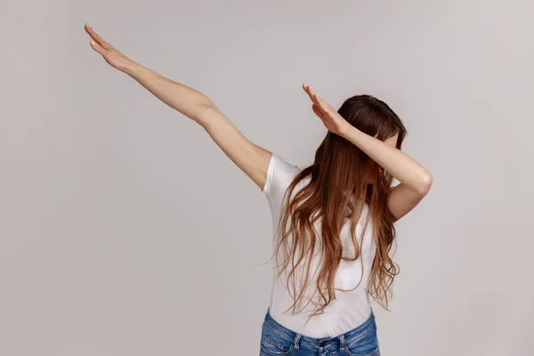 Portrait Woman Showing Dab Dance Move Famous Internet Gesture Triumph — Stock Photo, Image