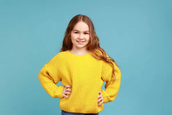 Portrait Confident Little Girl Standing Hands Hips Looking Camera Smile — Stock Photo, Image