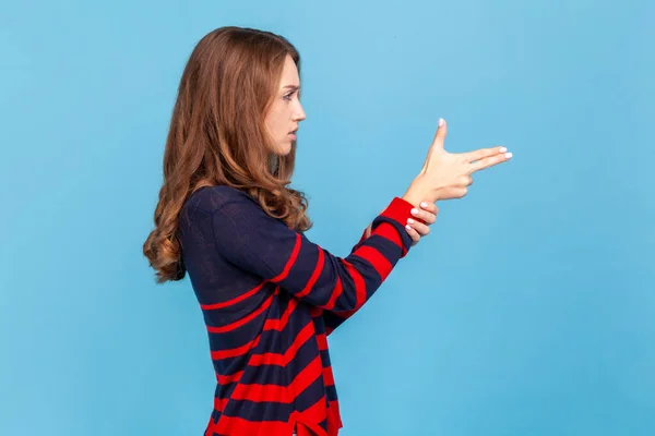 Side View Serious Angry Woman Imitating Guns Shooting Finger Pistols — Stock Photo, Image
