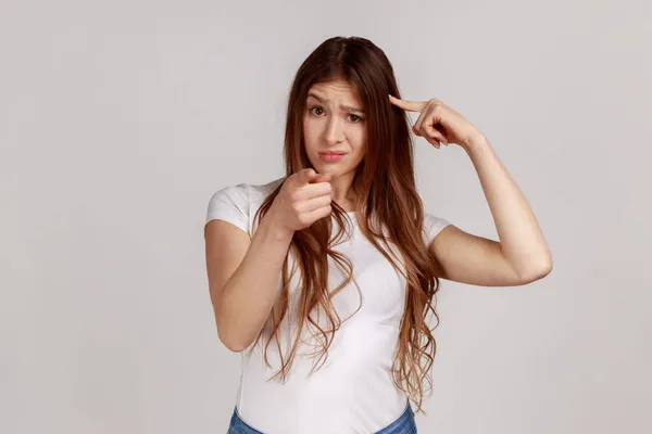 You Idiot Insane Crazy Plan Displeased Woman Showing Stupid Gesture – stockfoto