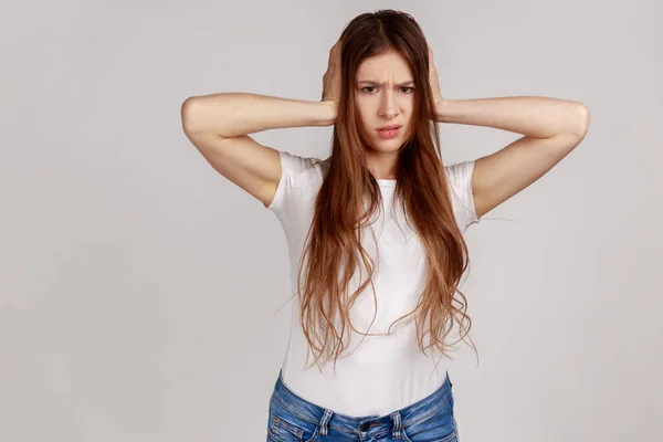 Irritated Stressed Out Woman Covering Ears Looking Desperate Annoyed Expression — Stock Photo, Image