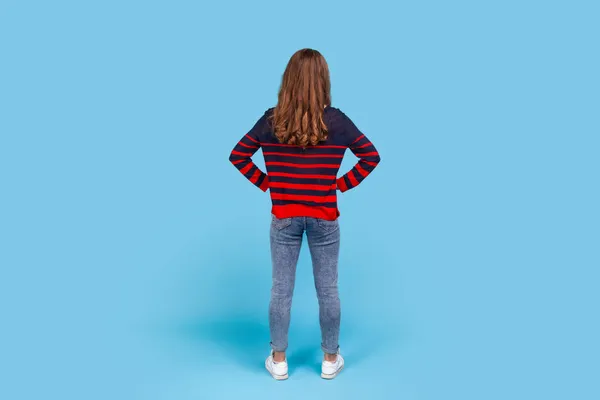 Full Length Back Portrait Woman Wearing Striped Casual Style Sweater — Stockfoto