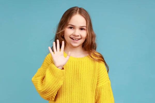 Portrait Cute Little Girl Waving Hand Gesturing Smiling Camera Excited — Stock Photo, Image