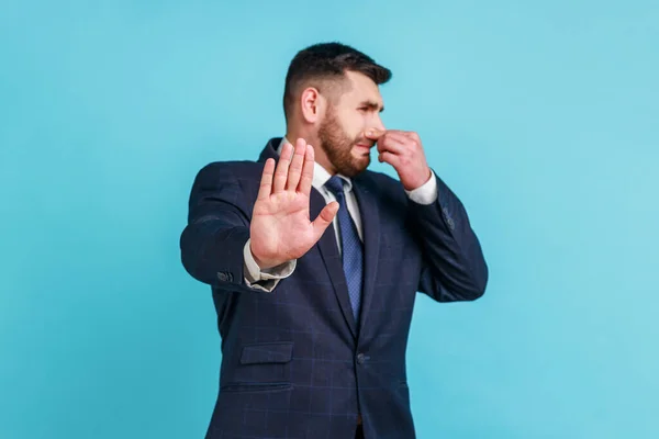 Stinky Smell Bearded Young Adult Man Wearing Official Style Suit — Stock Photo, Image