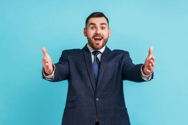 Come Arms Portrait Friendly Man Dark Suit Giving Free Hugs — Stock Photo, Image