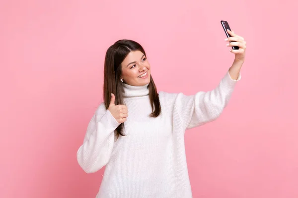 Happy Positive Smiling Young Adult Female Broadcasting Livestrem Showing Thumb — Stock Photo, Image