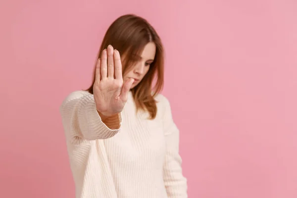 Portrait Unhappy Young Adult Blond Woman Standing Stop Gesture Looking — Stock Photo, Image