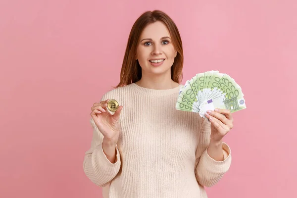 Portrait Happy Positive Blond Woman Holding Golden Coin Crypto Currency — Stock Photo, Image