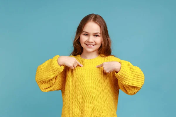 Portrait Smiling Little Girl Pointing Herself Boasting Rejoicing Winning Proud — Stock Photo, Image