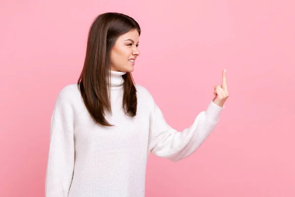 Side View Portrait Aggressive Woman Standing Shows Fuck Sign Expressing — Stock Fotó