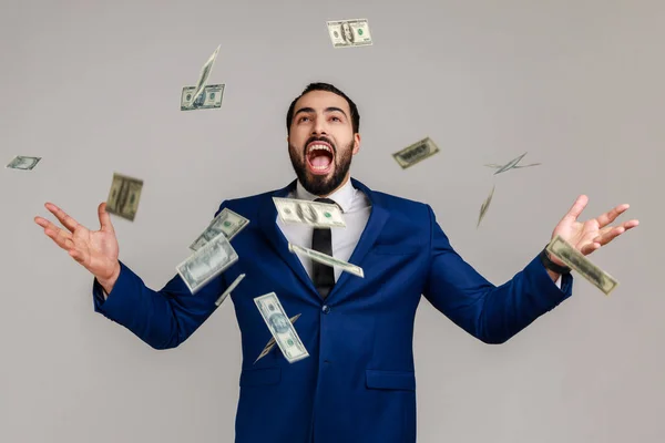 Rijke Gelukkige Man Met Een Baard Schreeuwend Deed Het Vreugdevol — Stockfoto